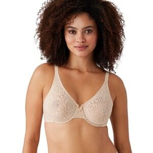 Wacoal Halo Lace Underwire No Padding Bra Tan Nude Sexy Rose Floral - Size 34DD